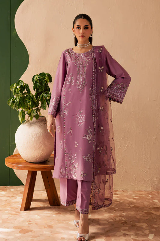 Lilac Glam 3Pc - Embroidered Pure Khaddar Dress