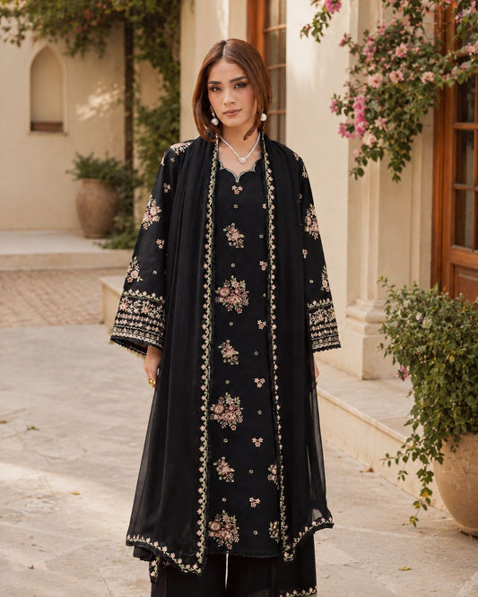 Black Pink 3Pc - Embroidered  Dress