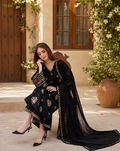 Black Pink 3Pc - Embroidered  Dress