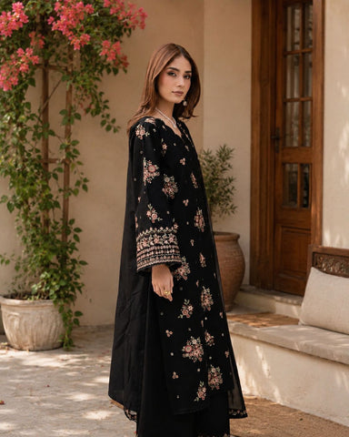 Black Pink 3Pc - Embroidered  Dress