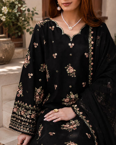 Black Pink 3Pc - Embroidered  Dress