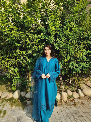3 Pc Zinc Blue Winter Cotton Heavy Embroidered Side Border Suit
