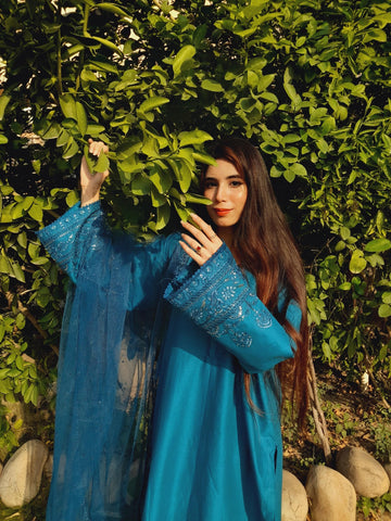 3 Pc Zinc Blue Winter Cotton Heavy Embroidered Side Border Suit
