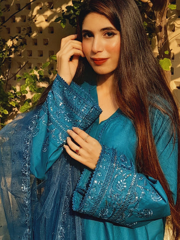 3 Pc Zinc Blue Winter Cotton Heavy Embroidered Side Border Suit
