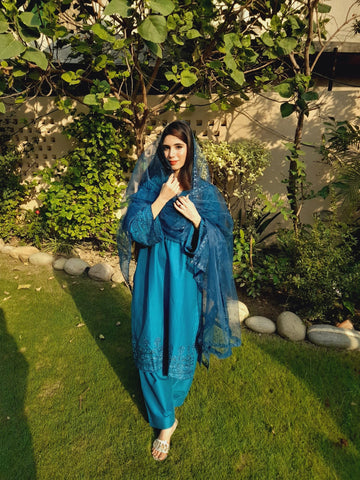 3 Pc Zinc Blue Winter Cotton Heavy Embroidered Side Border Suit