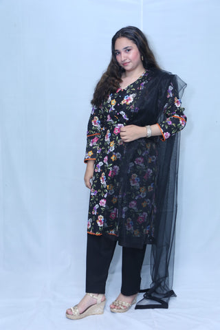 3 Pc Black Printed Khadar Lace Work Suit