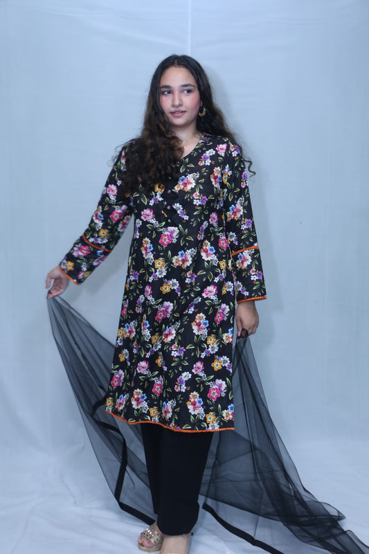3 Pc Black Printed Khadar Lace Work Suit