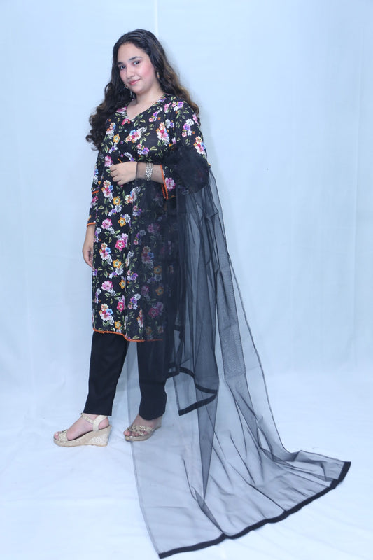 3 Pc Black Printed Khadar Lace Work Suit