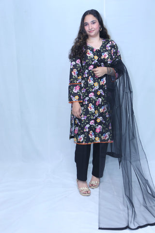 3 Pc Black Printed Khadar Lace Work Suit