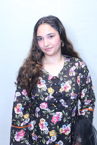 3 Pc Black Printed Khadar Lace Work Suit