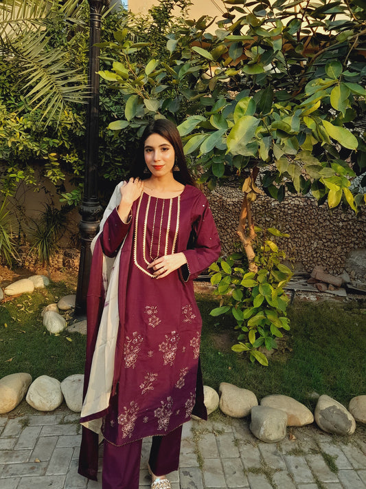 Pure Khaddar with Embroided lace, neckline, sleeves and border