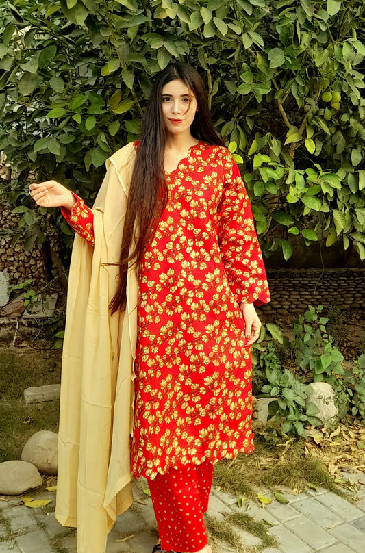 Printed khaddar Shirt with Scalap Border and Neckline