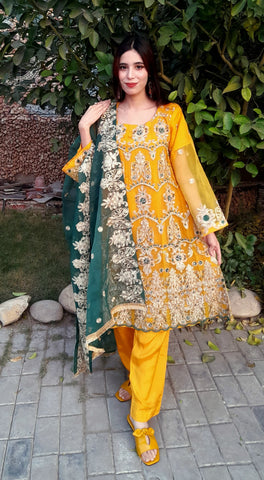 Heavy Embroidery work on shirt, sleeves and border with hand work pearls and beads