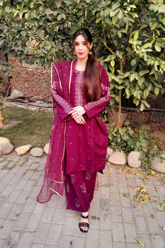 Embroided khaddar Shirt with Fancy button, Screen printed back