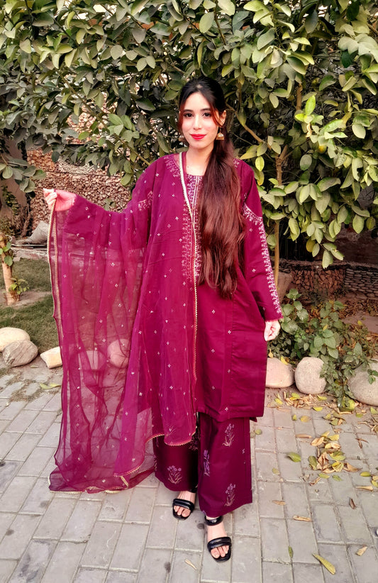 Embroided khaddar Shirt with Fancy button, Screen printed back