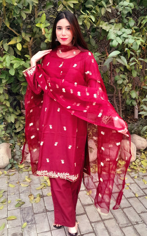 Pure Linen with Embroided lace, neckline, sleeves and border