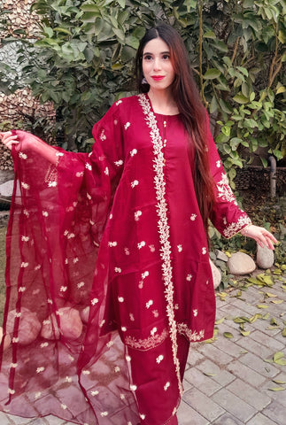 Pure Linen with Embroided lace, neckline, sleeves and border