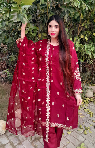Pure Linen with Embroided lace, neckline, sleeves and border