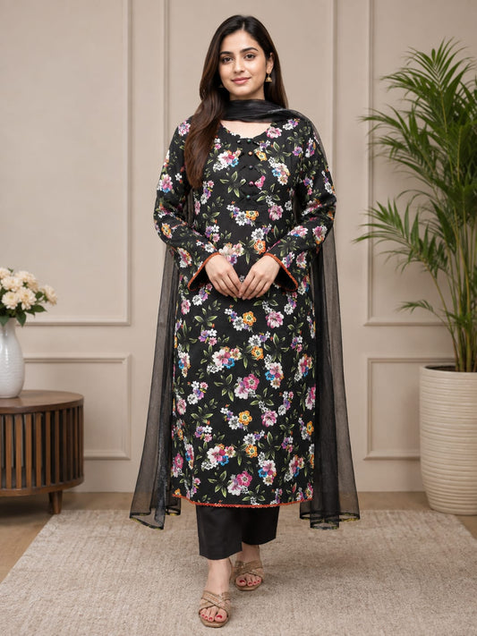 3 Pc Black Printed Khadar Lace Work Suit