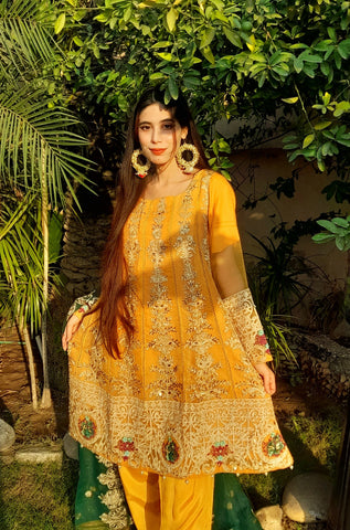 Heavy Embroidery work on shirt, sleeves and border with hand work pearls and beads